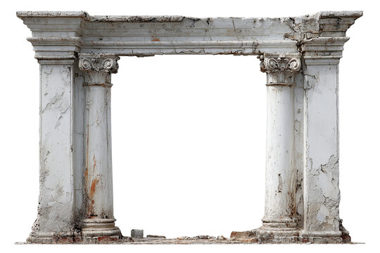 Ancient hall facade with broken stone pillars, damaged ruin architecture, PNG isolated on transparent background