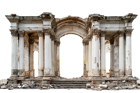 Ancient hall facade with broken stone pillars, damaged ruin architecture, PNG isolated on transparent background