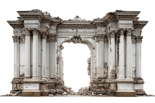 Ancient hall facade with broken stone pillars, damaged ruin architecture, PNG isolated on transparent background