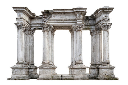 Ancient hall facade with broken stone pillars, damaged ruin architecture, PNG isolated on transparent background