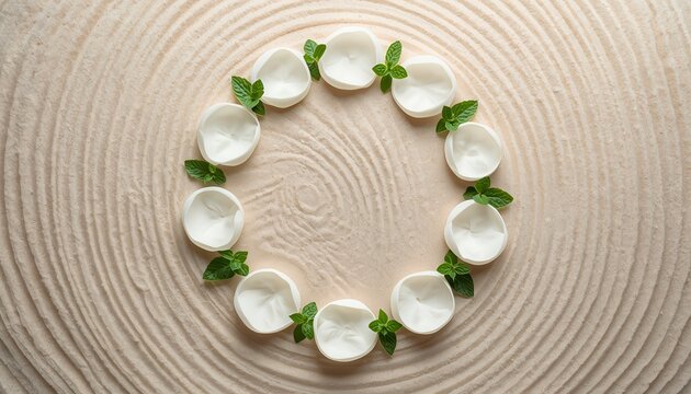 Serene zen concept flat lay with circular wreath of white flower petals and green mint leaves on raked sand background