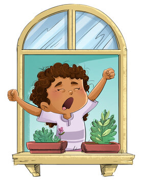 African American girl yawning on a balcony, children's illustration