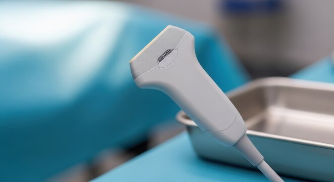 Medical ultrasound transducer on a sleek blue examination table