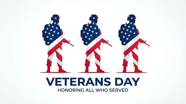 Veterans day graphic featuring three soldier silhouettes filled with the american flag pattern on a white background