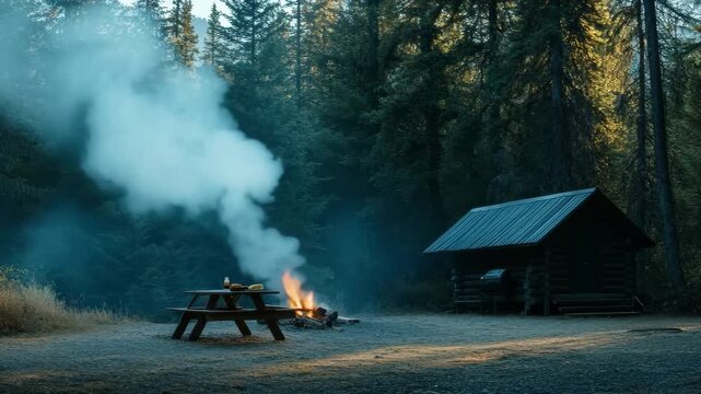 Cozy log cabin in a serene forest with a campfire and picnic table