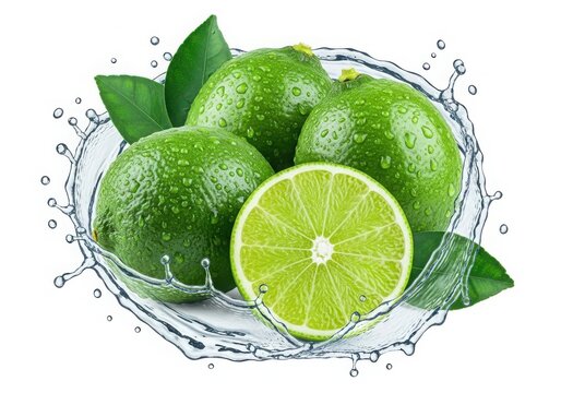 Fresh lime in a woven basket with water splash isolated on white background