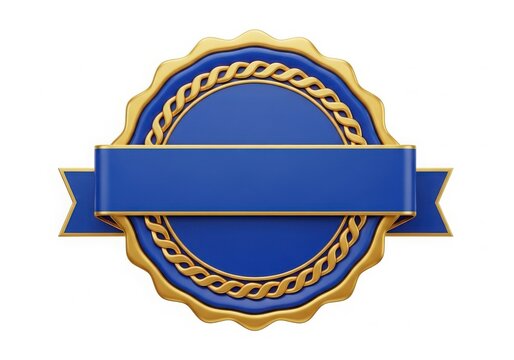 Gold seal with blue ribbon and empty banner isolated on white background