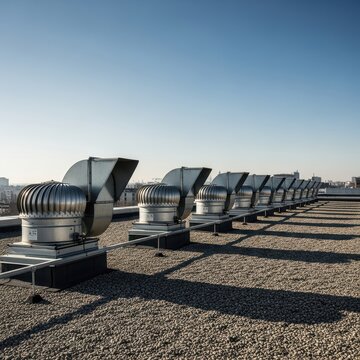 Rooftop Ventilation Systems with Exhaust Fans Against Clear Sky
