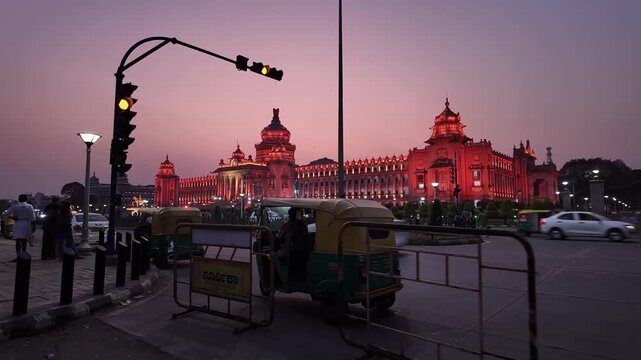 Vidhan Soudha Illuminated with Colorful Lights After Sunset.