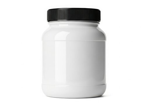 Empty plastic jar with black lid isolated on white background