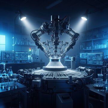 Advanced Laboratory Setup with Robotic Automation in Blue Lighting