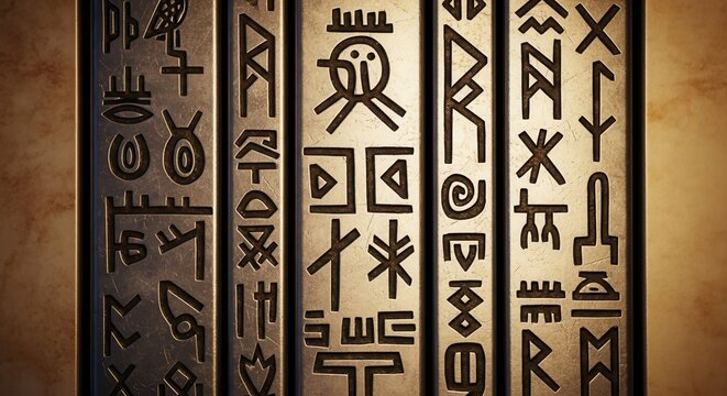 Ancient Symbols and Hieroglyphics on Weathered Stone Panels
