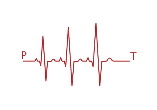 Red heartbeat ecg waveform with p and t waves isolated on white background