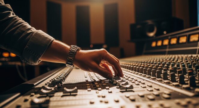 Close-up of Hand Adjusting Audio Controls in Music Studio Environment
