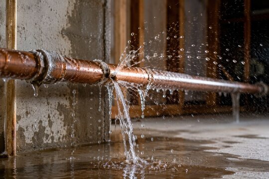 Close-up of a burst copper water pipe aggressively spraying water in a flooded basement. Concept of plumbing emergencies, property damage, home insurance claims, and urgent repair services.