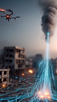 A military drone hovers over a war-torn cityscape, unleashing a powerful energy beam onto the debris-filled ground below. ..Created with Generative AI, not depicting real subjects.