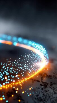 Abstract visualization of swirling digital light particles, with glowing blue and orange trails forming a dynamic curve against a dark. ..Created with Generative AI, not depicting real subjects.
