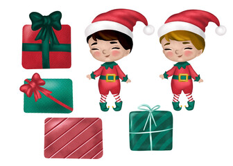 Hand-painted cute Christmas elf boy clipart set: two boys with brown and blonde hair with four red green gift boxes in various designs. White background. Perfect for Christmas, holiday greeting card