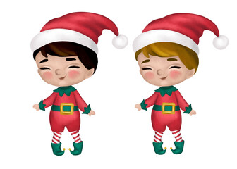 Hand-painted cute Christmas elf boy clipart set: two boys with brown and blonde hair in red green elf outfits with Santa hats and striped stockings. White background. Perfect for Christmas, holiday 