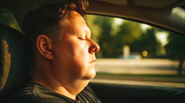 A person is sitting in a parked car with eyes closed, resting during the sunset in a calm neighborhood. Soft light fills the scene around them