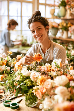 Two women work in a florist shop filled with flowers. One woman smiles as she arranges roses while the other prepares bouquets in the background