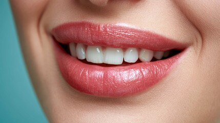 Fototapeta premium Close-up of a Beautiful Smile with Healthy Teeth and Pink Lip Gloss Against a Soft Blue Background