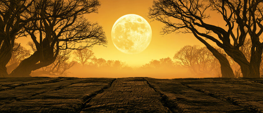A spooky Halloween forest shows dark trees and a large full moon shining above. The setting is eerie with a wooden floor in the foreground