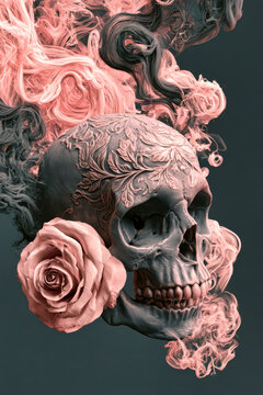 A skull decorated with flowers rests against a dark background with colorful smoke swirling around it. This setup highlights a Halloween theme