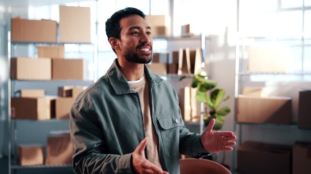 Smile, small business and men with handshake for supply chain, welcome or supplier partnership. Logistics, people and shaking hands for management, agreement or delivery startup for distribution
