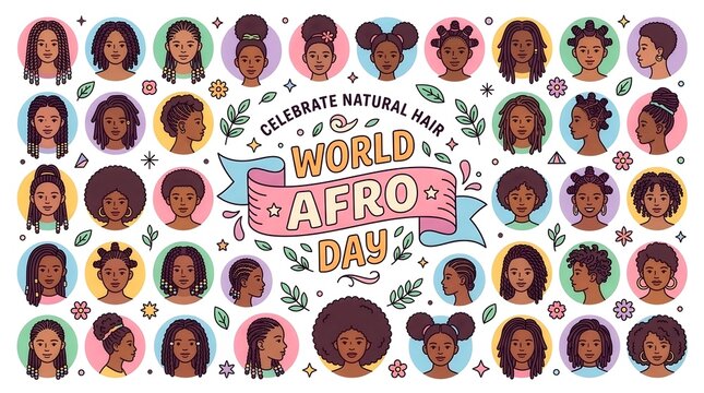 World Afro Day Vector Set with Natural Hairstyles Icons Braids Locs Puffs Curls and Celebration Ribbon Banner Illustration