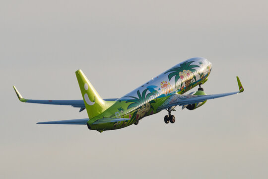 Solaseed Air Boeing 737-800 (JA803X) passenger plane in Nassy Jet Miyazaki livery taking off from Haneda Airport
