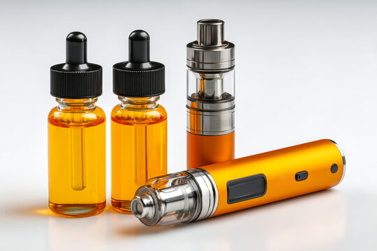 Two bottles with orange liquid and two vape devices are placed on a neutral background. This setup shows vaping products commonly found in shops