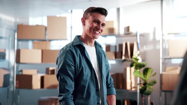 Smile, small business and men with handshake for logistics, welcome or supplier partnership. Supply chain, people and shaking hands for management, agreement or delivery startup for distribution