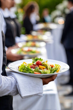 Waiter holds a plate of salad with crisp lettuce, tomatoes, and bell peppers at an outdoor event, while other waiters serve food in the background