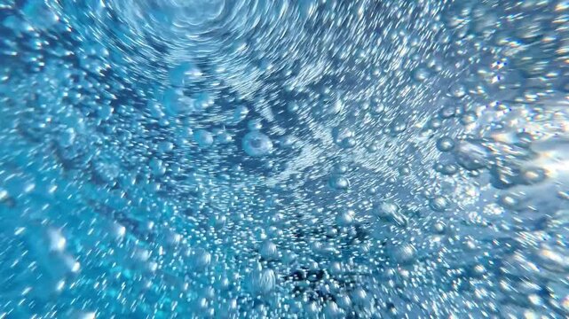 Underwater shot of air bubbles spinning in clear blue water. Suitable for beverage commercials, skincare branding, water filtration ads, and spa promotions.