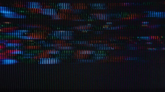 Dense colorful pixel audio wave lines flickering on black CRT screen, vivid analog glitch macro close-up texture.