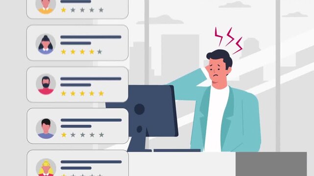 2D Animated Businessman Scratching Head Stressed by Negative Online Customer Reviews and Ratings Flat Vector Character Animation Footage