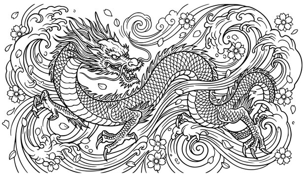 Japanese tattoo style dragon adult coloring book page with traditional waves and blooming sakura cherry blossom petals line art vector illustration