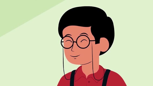 2D Animated Portrait Profile Avatar of Young Boy Wearing Round Eyeglasses Flat Vector Character Motion Graphics Animation Footage