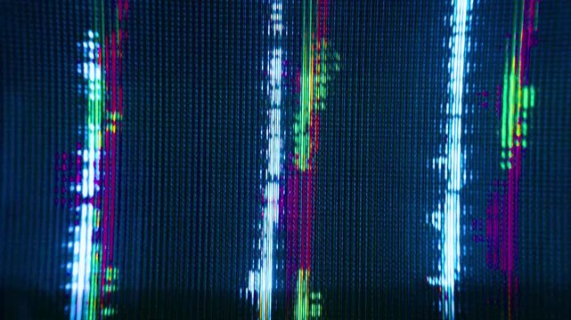 audio visualiser, waveform glitching pixel visual in Vertical blue and green neon light columns on dark CRT screen, analog glitch macro close-up.