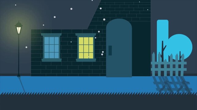 2D Animated Quiet Suburban Street View with House and Glowing Streetlight at Night Flat Vector Motion Graphics Animation Footage