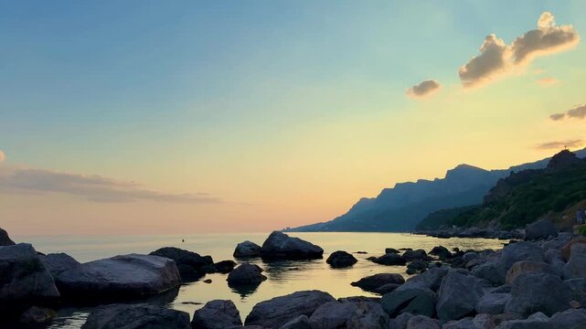 Rocky coast and calm sea at sunset, mountain silhouette and pastel sky
