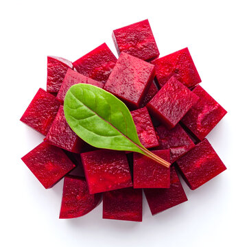 Heap of cube sliced beetroot with one leaf on white background