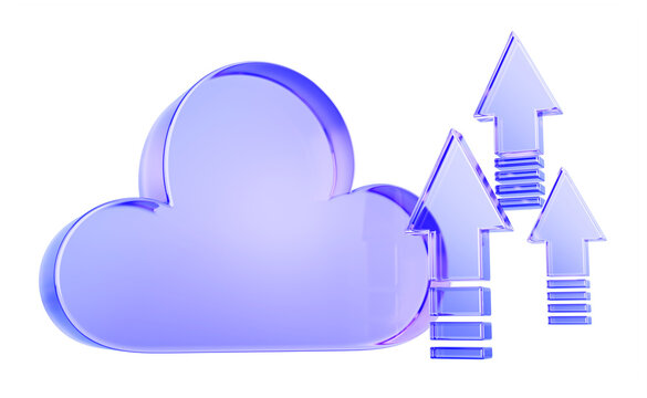 Purple glass cloud upload icon with arrows up on light blue render background. Concept of computer data storage, network system, data backup and internet service, 3d web banner