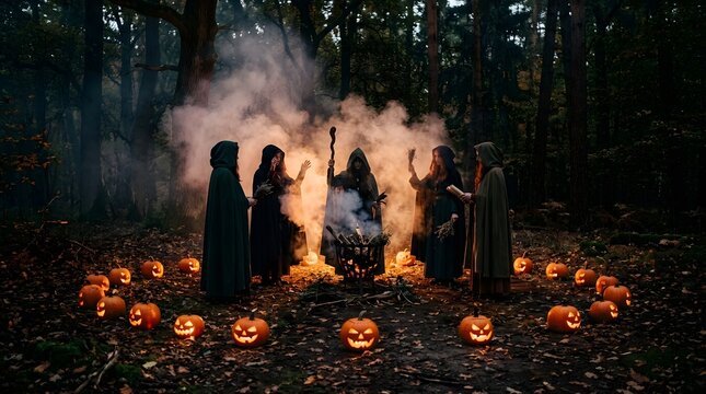 Witches gather in a dark forest circle surrounding a glowing cauldron filled with magical vapors and surrounded by illuminated jack-o'-lanterns for a traditional spooky ritual ceremony.