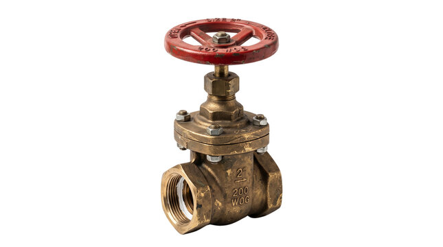 Gate valve with a red handle sits isolated against a plain white background for industrial applications.