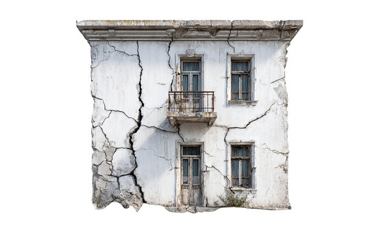 Old city building with deep cracks, weathered stone architecture, isolated cutout on transparent background