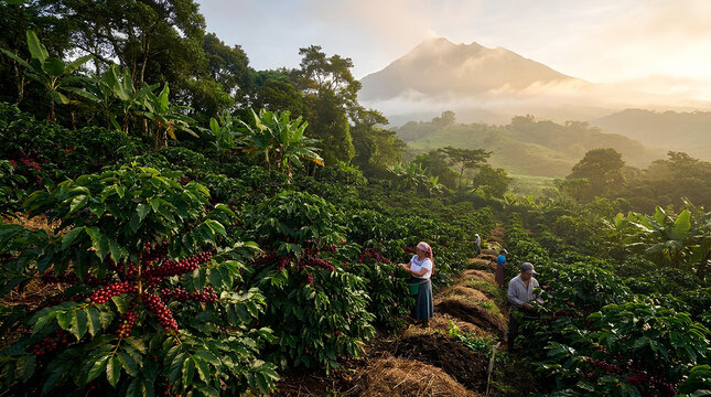 Workers harvesting crops in a mountain coffee plantation.