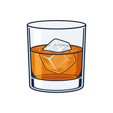 Illustration of an amber whiskey glass with a large clear ice cube on the rocks, png