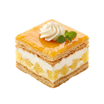 Delicious sweet pineapple cream layer pastry cake slice topped with whipped cream mint, png